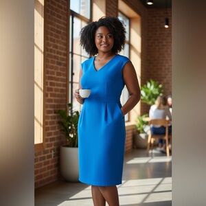 Adrianna Papell Blue Sheath Dress Size 12 V Neck Sleeveless Pockets Career Work